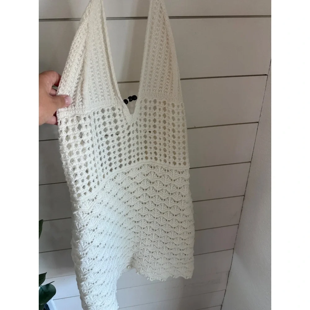 SHEIN Crochet Halter Neck Cover Up White Boho Beach Dress Size L - Picture 2 of 4